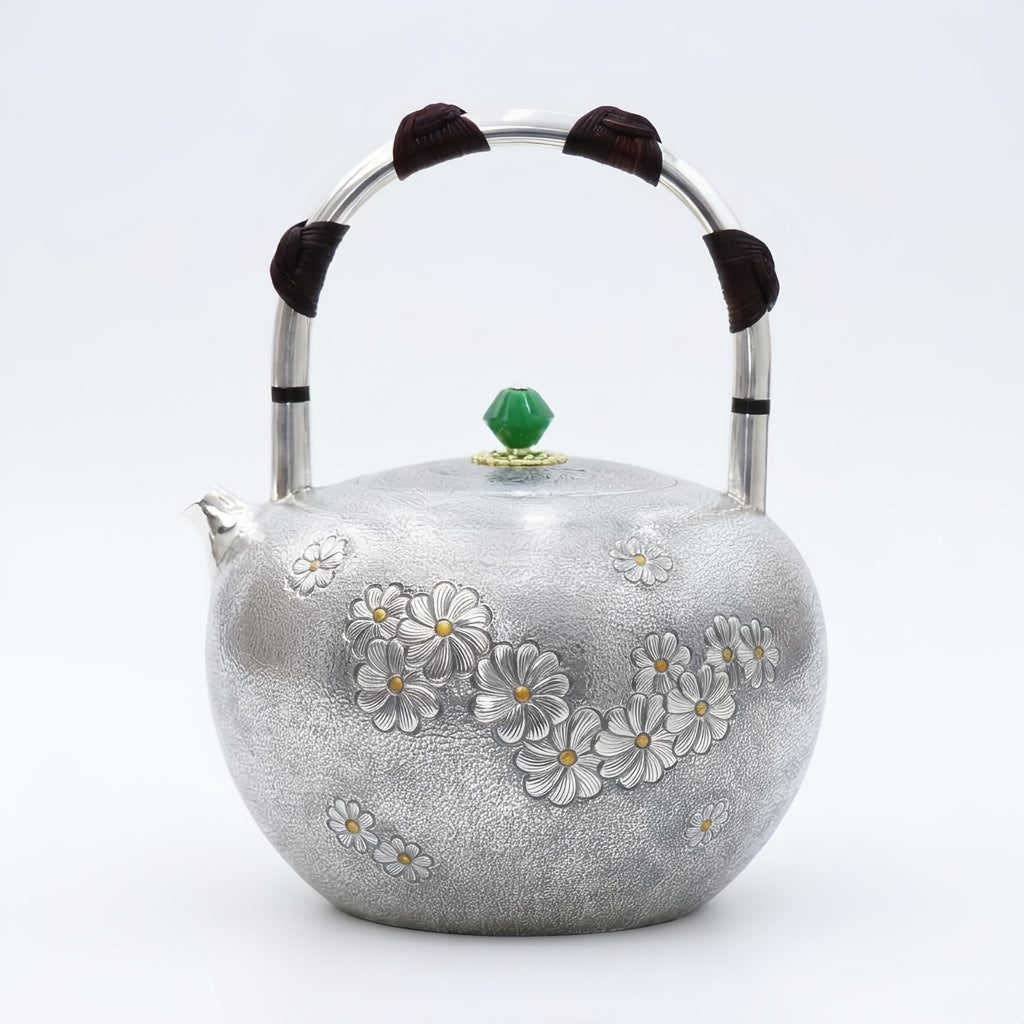 Pure 999 Fine Silver Handcrafted Sterling Silver Teapot with Floral Reliefs and Green Gemstone Knob - Handicraft Vera Lux