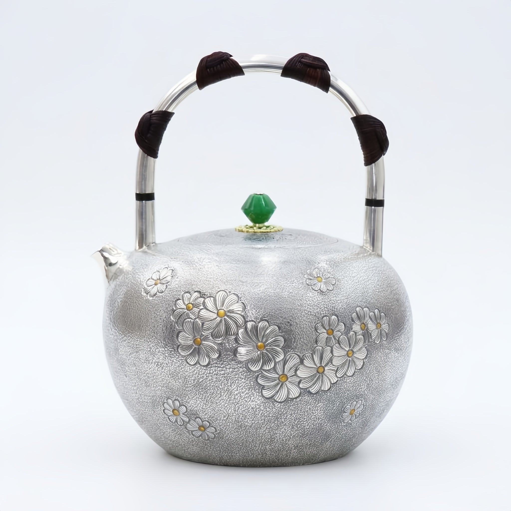 Pure 999 Fine Silver Handcrafted Sterling Silver Teapot with Floral Reliefs and Green Gemstone Knob - Handicraft Vera Lux