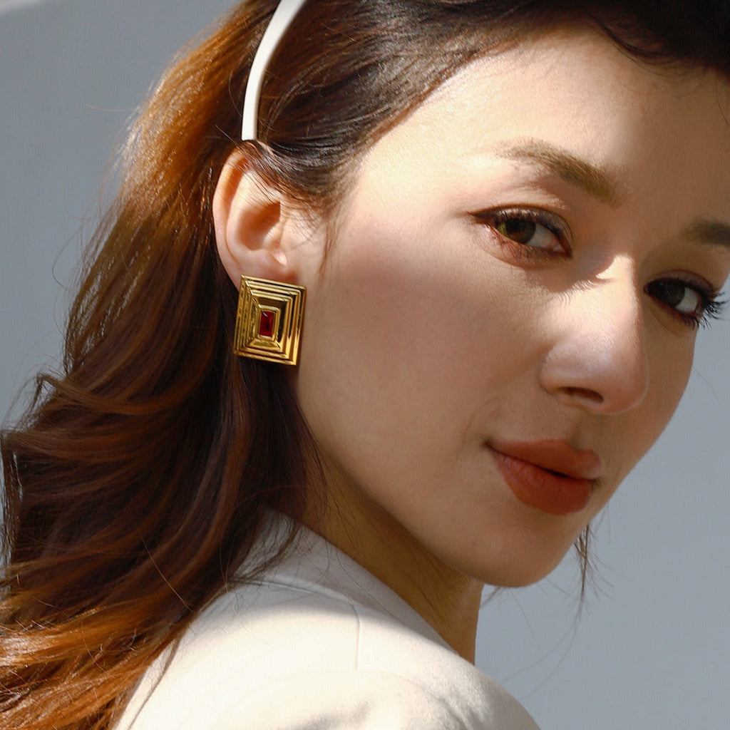 18k gold rectangular inlaid gemstone with concave pattern design exquisite and noble earrings Vera Lux
