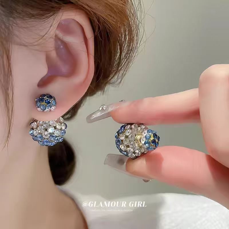 Silver Needle Diamond Round Earrings, Dual-Wear Front & Back, Korean Light Luxury Studs Vera Lux