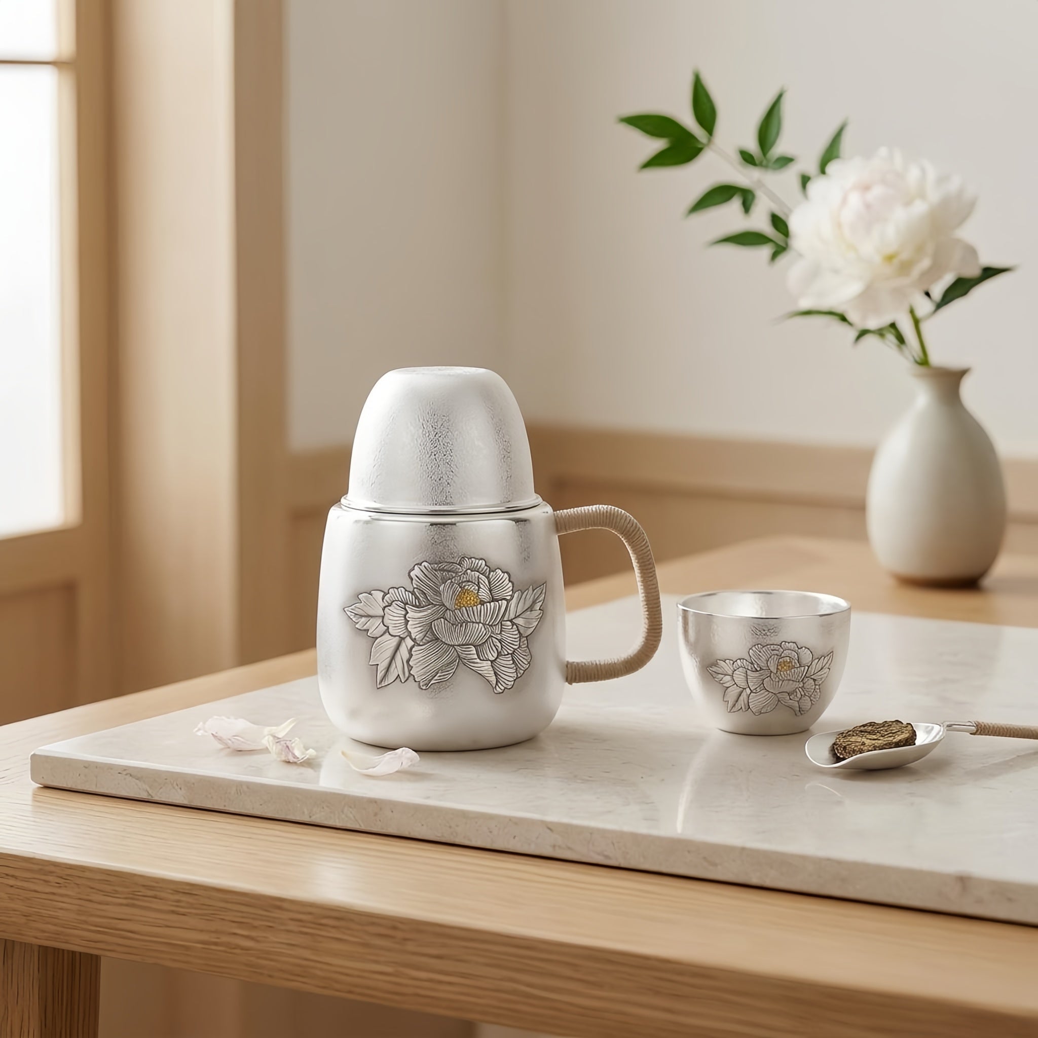 925 Sterling Silver Silver Peony Tea Vessel with Natural Rattan Handle and Floral Relief - Handicraft Vera Lux