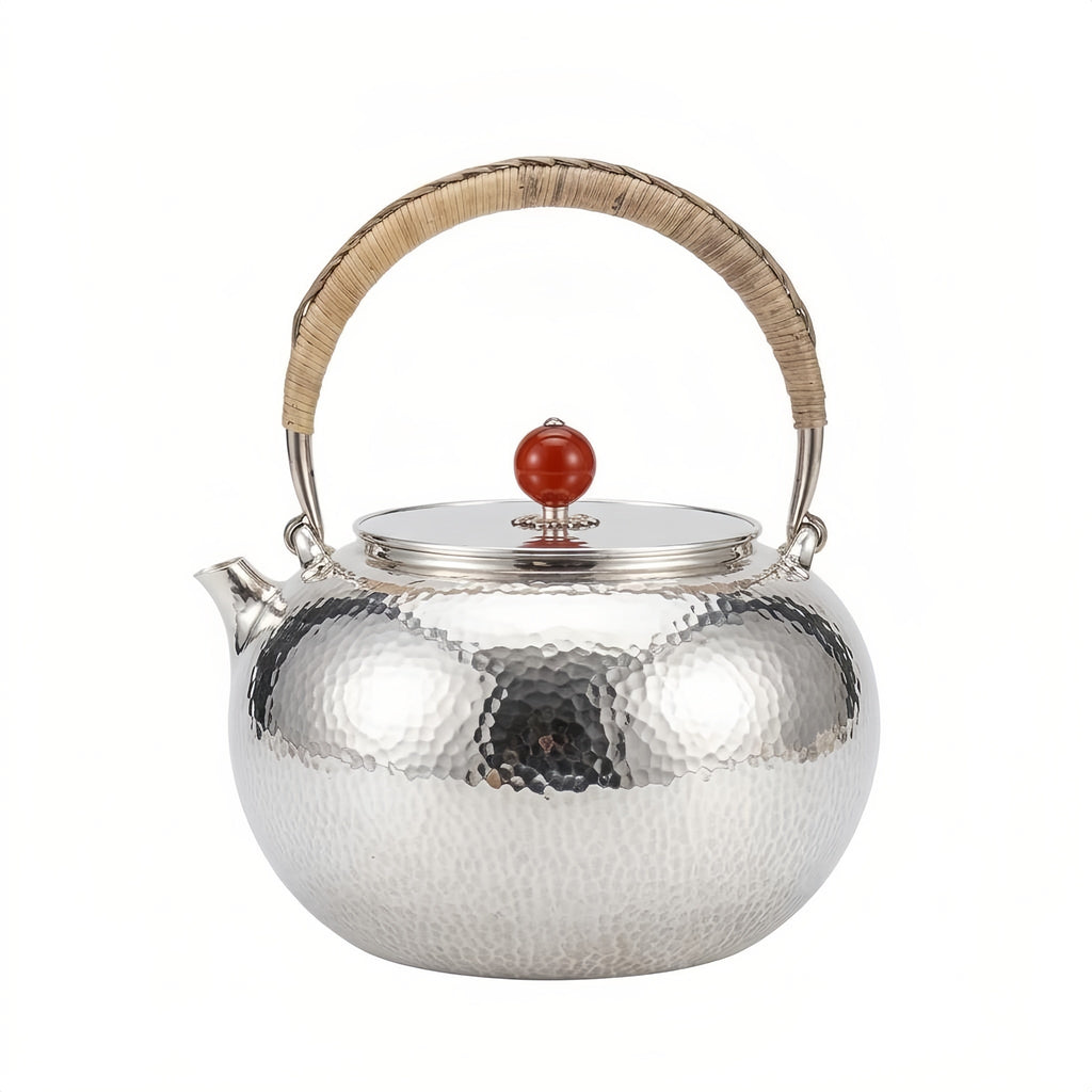925 Sterling Silver Handcrafted Hammered Silver Teapot with Rattan Handle and Red Agate Finial - Handicraft Vera Lux