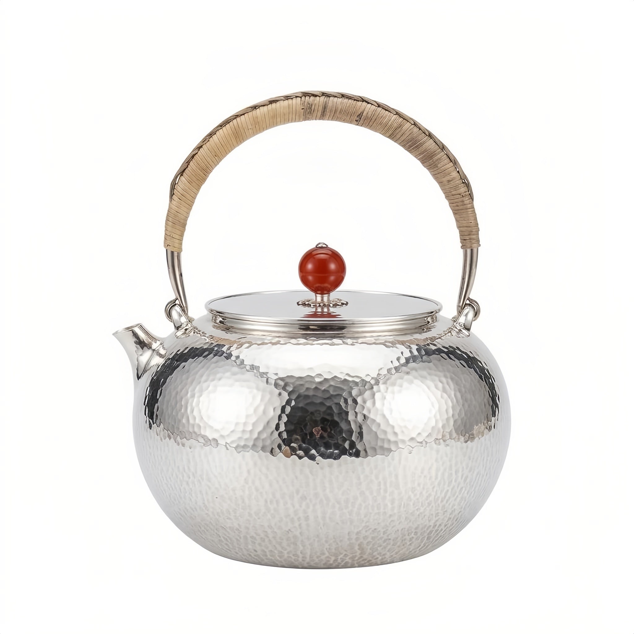 925 Sterling Silver Handcrafted Hammered Silver Teapot with Rattan Handle and Red Agate Finial - Handicraft Vera Lux