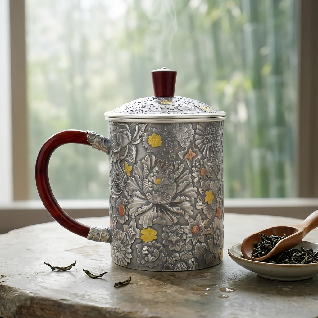 Pure 999 Fine Silver Handcrafted Floral Embossed Silver Tea Mug with Elegant Wood Accents - Handicraft Vera Lux