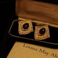 Vintage Red Stone Alloy Earrings, Baroque Gold Tone Studs Vera Lux