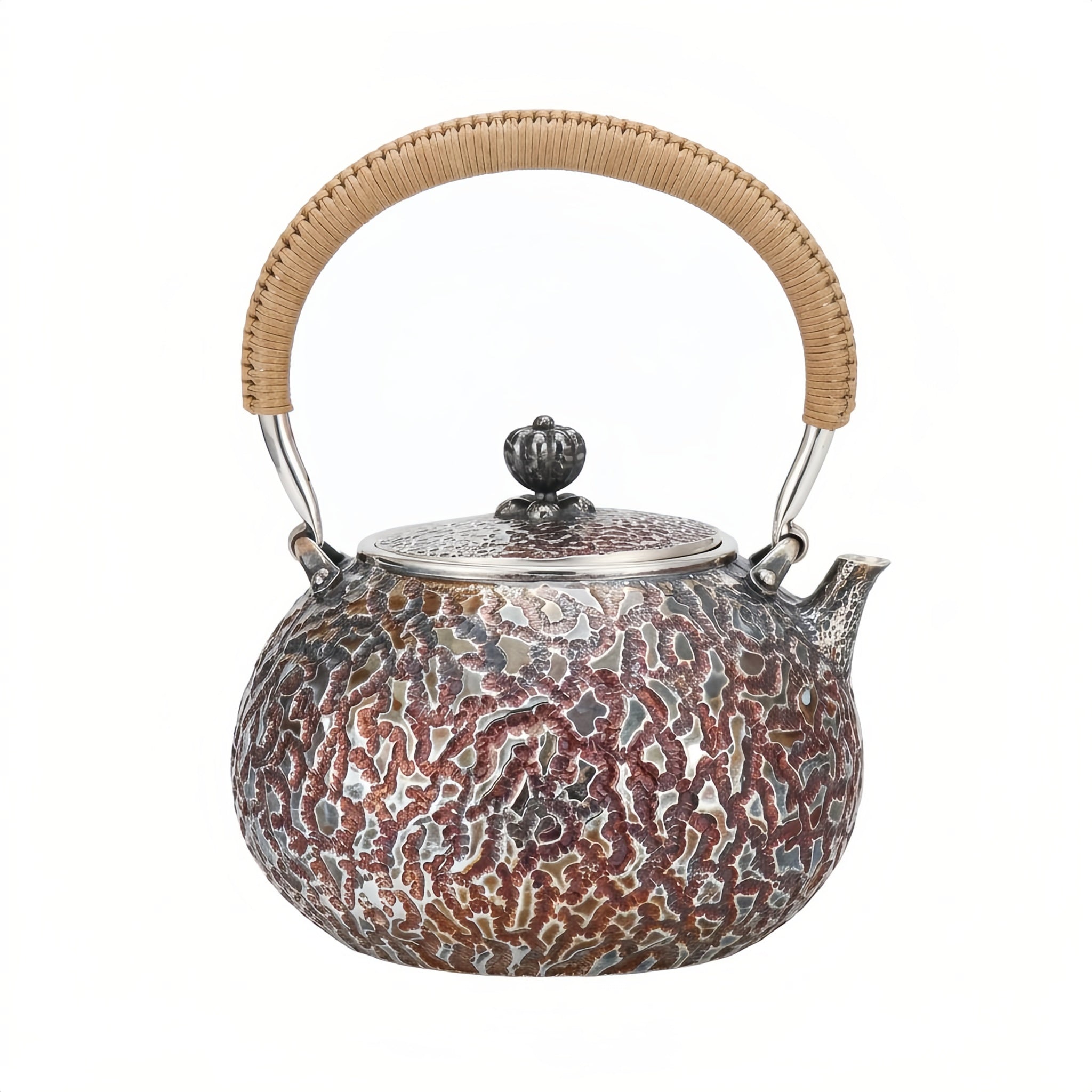 925 Sterling Silver Exquisite Handcrafted Silver-Toned Teapot with Ornate Patterning and Cord-Wrapped Handle - Handicraft Vera Lux
