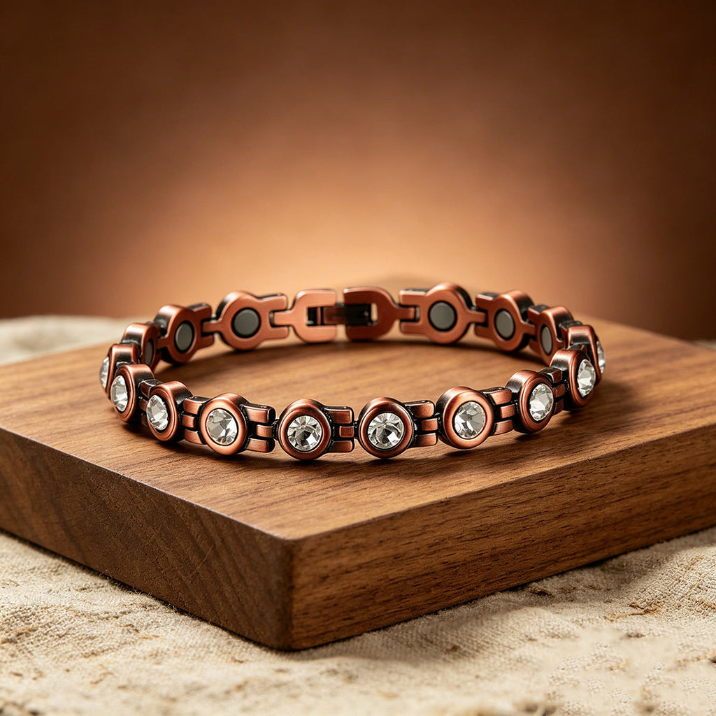 Retro Red Copper Magnetic Therapy Bracelet With Transparent Crystals Unisex Vera Lux