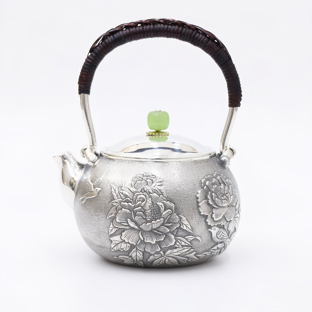 Pure 999 Fine Silver Handcrafted Silver Teapot Featuring Intricate Peony Engravings and Green Jadeite Lid Knob - Handicraft Vera Lux