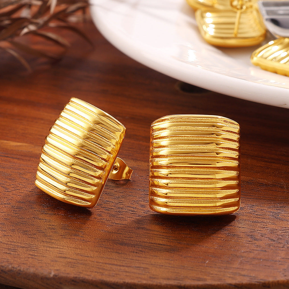 Korean Style Minimalist Striped Square Stud Earrings, 18K Gold Plated Stainless Steel, Elegant Daily Jewelry For Women Vera Lux