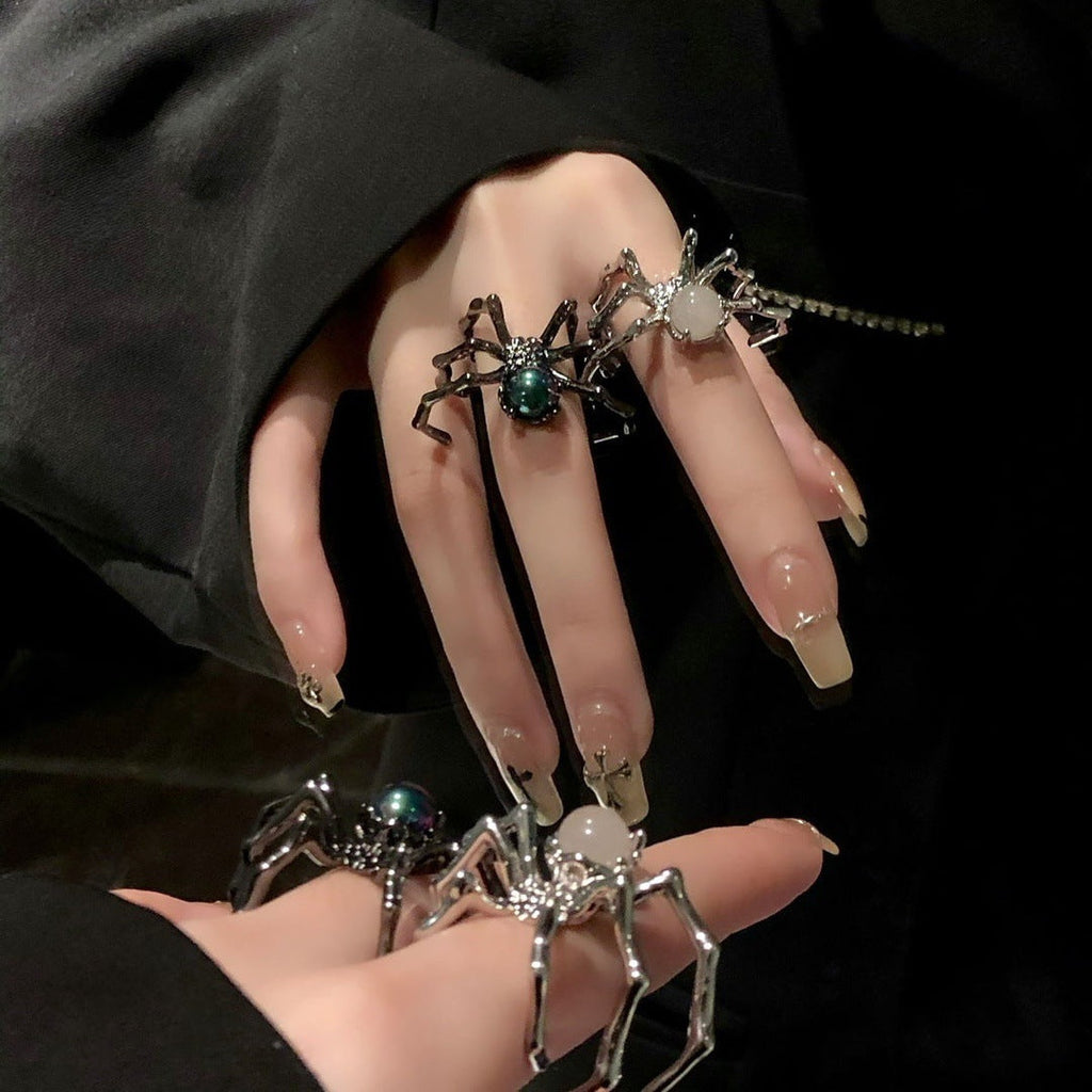 Dark Punk Spider Ring With Moonstone, Ins Style Unique Design, Minimalist Metal Cool Tone Adjustable Open Ring Vera Lux