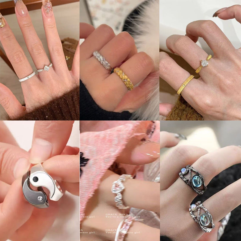 Niche Moonstone Black & White Couple Rings For Men & Women, Vintage Luxury Adjustable Open Band Vera Lux
