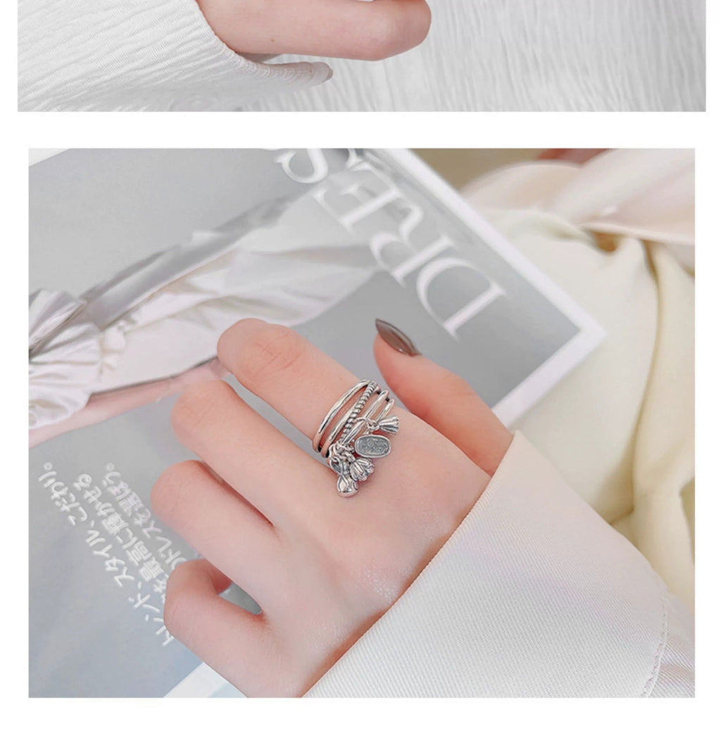 S925 Sterling Silver Ring, Money Bag Lotus Seedpod Fortune Pendant, 4 Charms, Adjustable Opening Index Finger Ring Vera Lux
