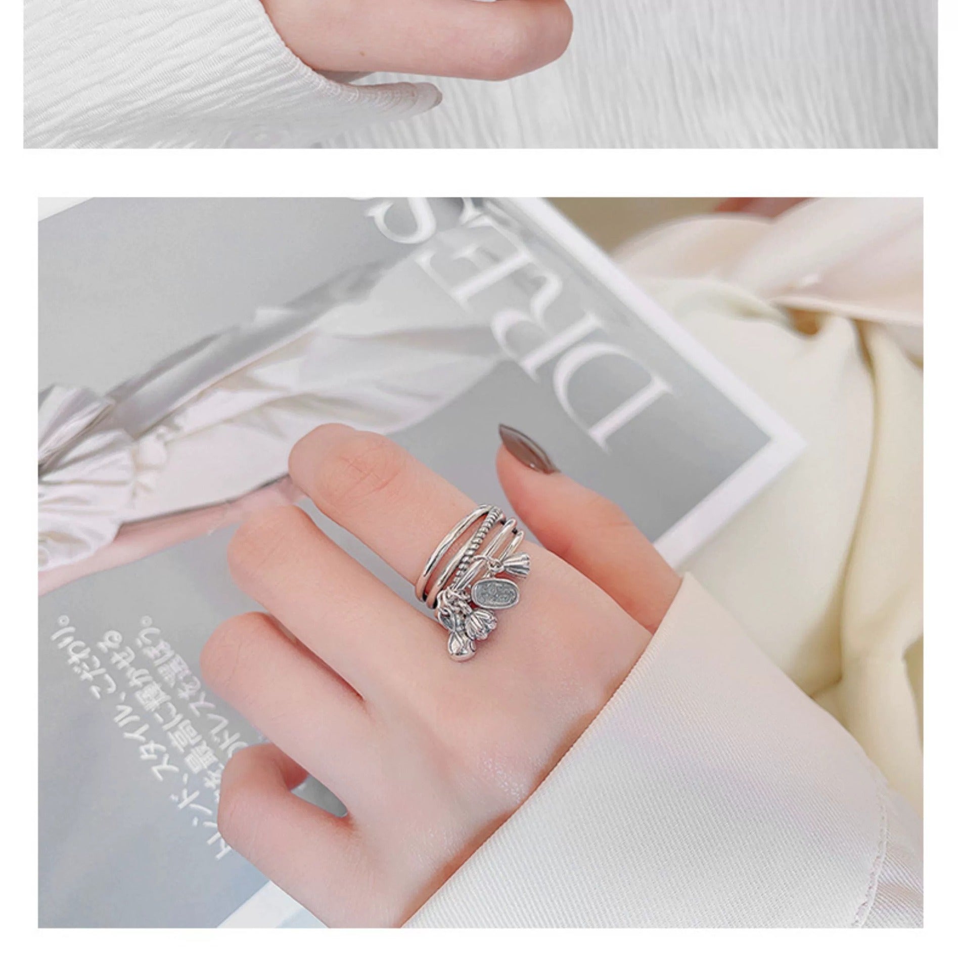 S925 Sterling Silver Ring, Money Bag Lotus Seedpod Fortune Pendant, 4 Charms, Adjustable Opening Index Finger Ring Vera Lux