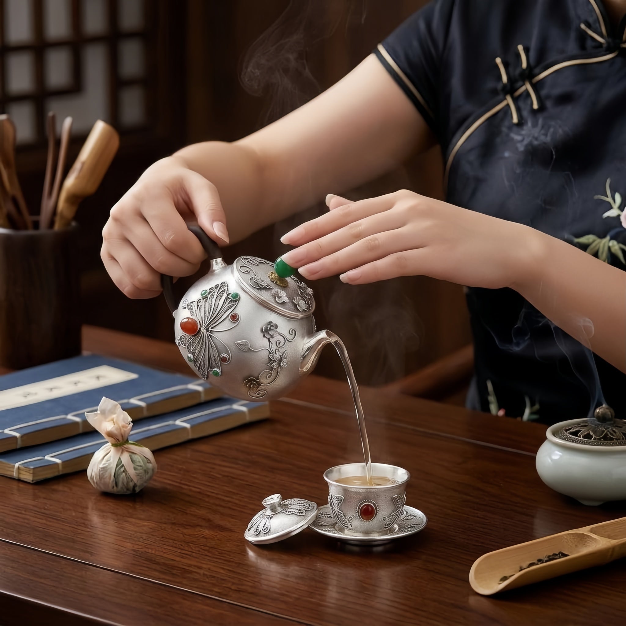 Pure 999 Fine Silver Silver Filigree Teapot with Butterfly Motif and Vibrant Gemstone Embellishments - Handicraft Vera Lux
