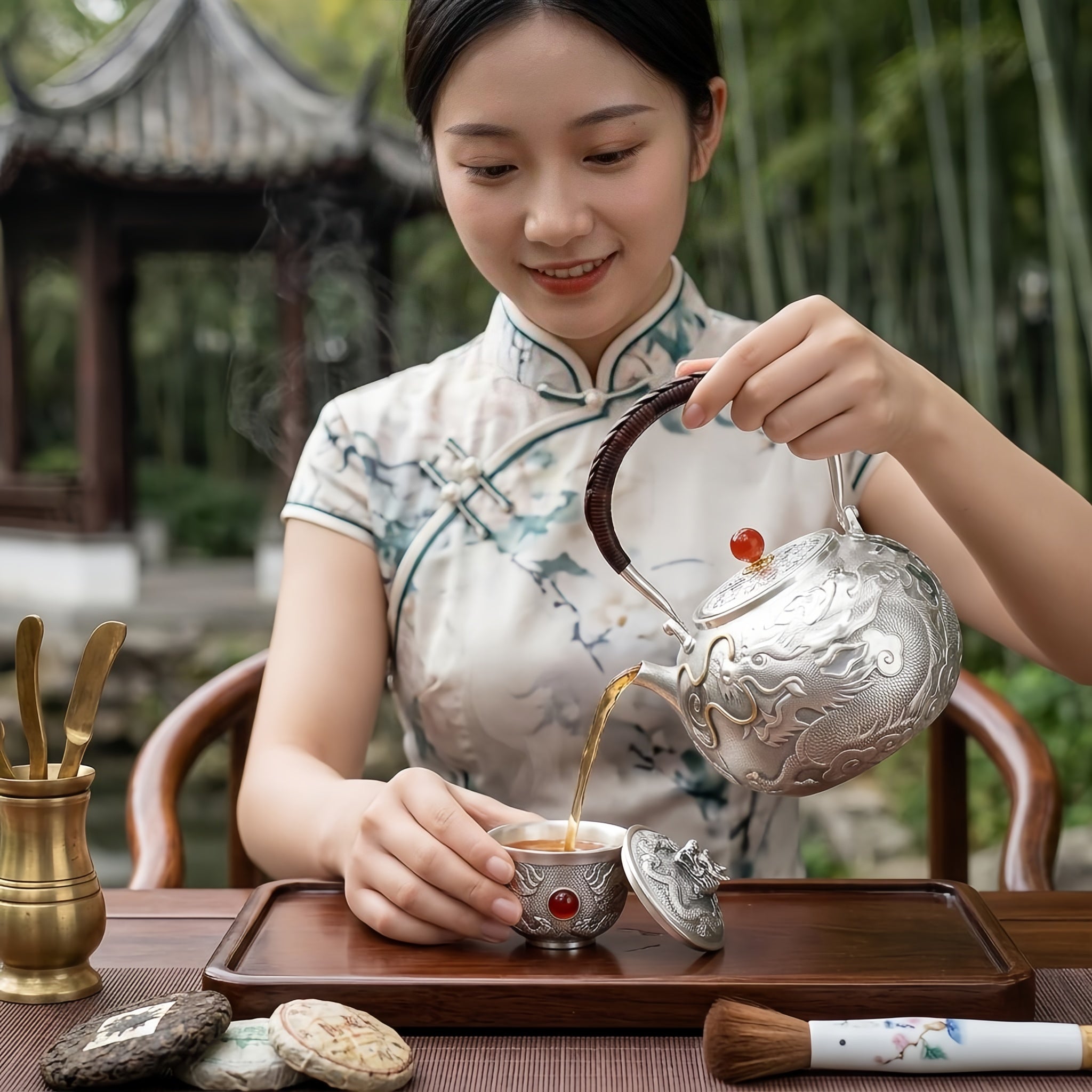 Pure 999 Fine Silver Exquisite Silver Teapot with Handcrafted Dragon Relief and Crimson Stone Finial - Handicraft Vera Lux