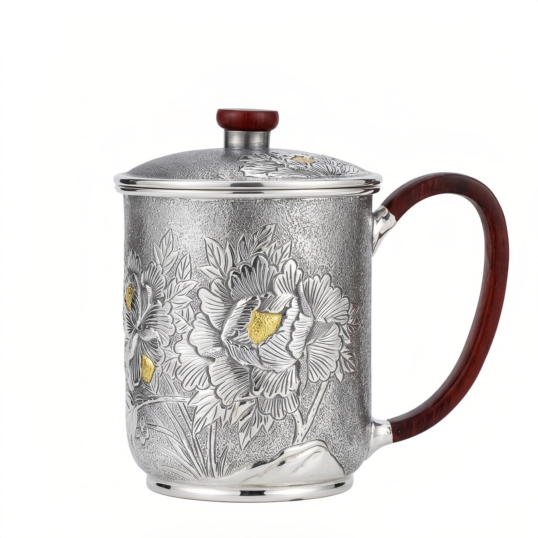 Pure 999 Fine Silver Handcrafted Silver Mug with Embossed Peony Motifs and Rosewood Accents - Handicraft Vera Lux