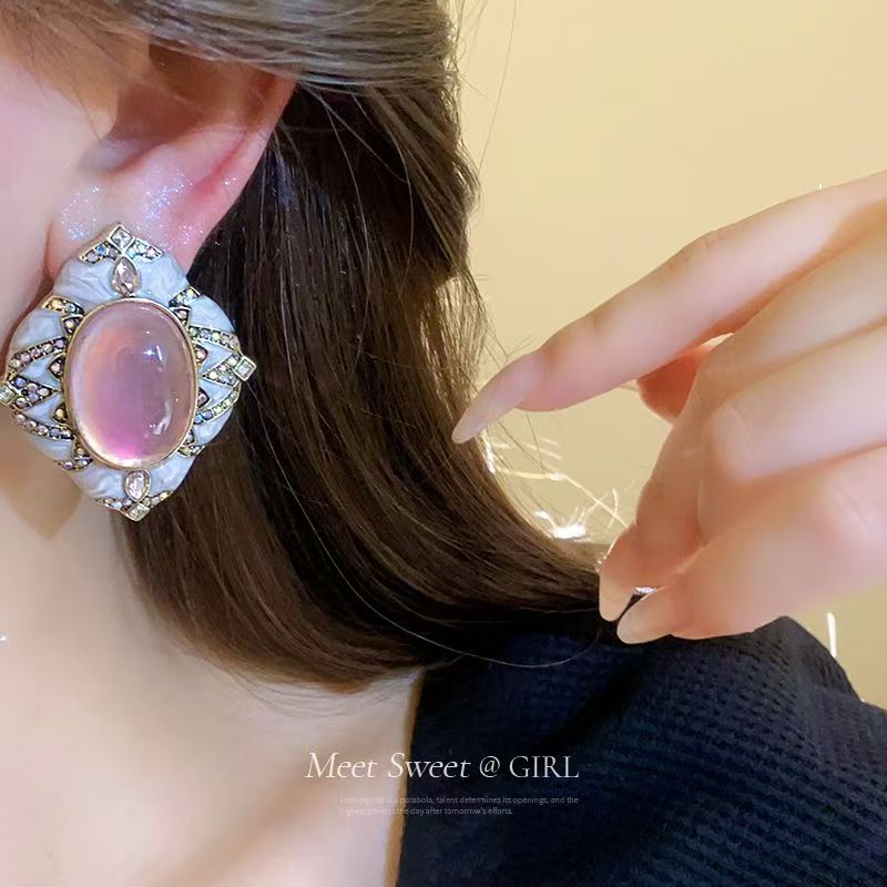 Niche Vintage Retro Earrings, Oval & Rhombus Diamond Studs, Luxury High-end Ear Jewelry Vera Lux