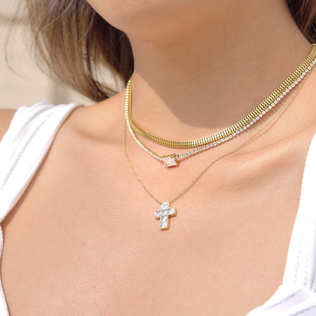Stainless Steel Zircon Cross Necklace Vera Lux