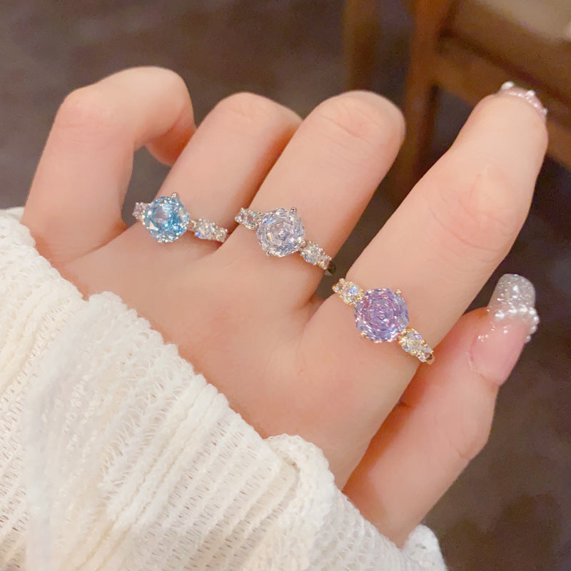 Fashionable All-Match Rose Ice-Flower Cut Cubic Zirconia Open Ring Vera Lux