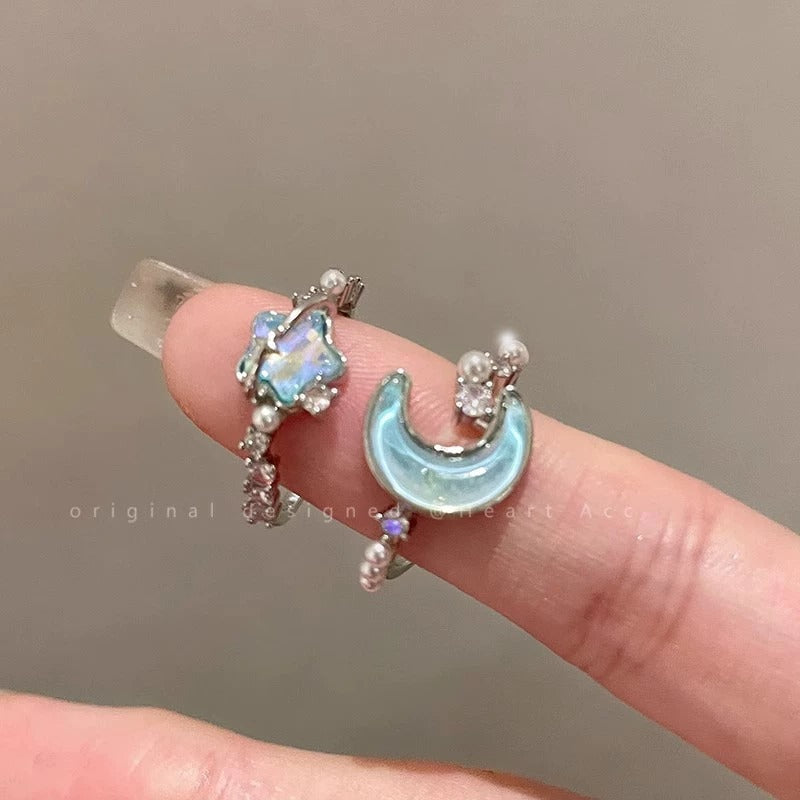Glacier Blue Star Moon Open Ring For Women, Light Luxury Minimalist High Grade Index Finger Ring Vera Lux