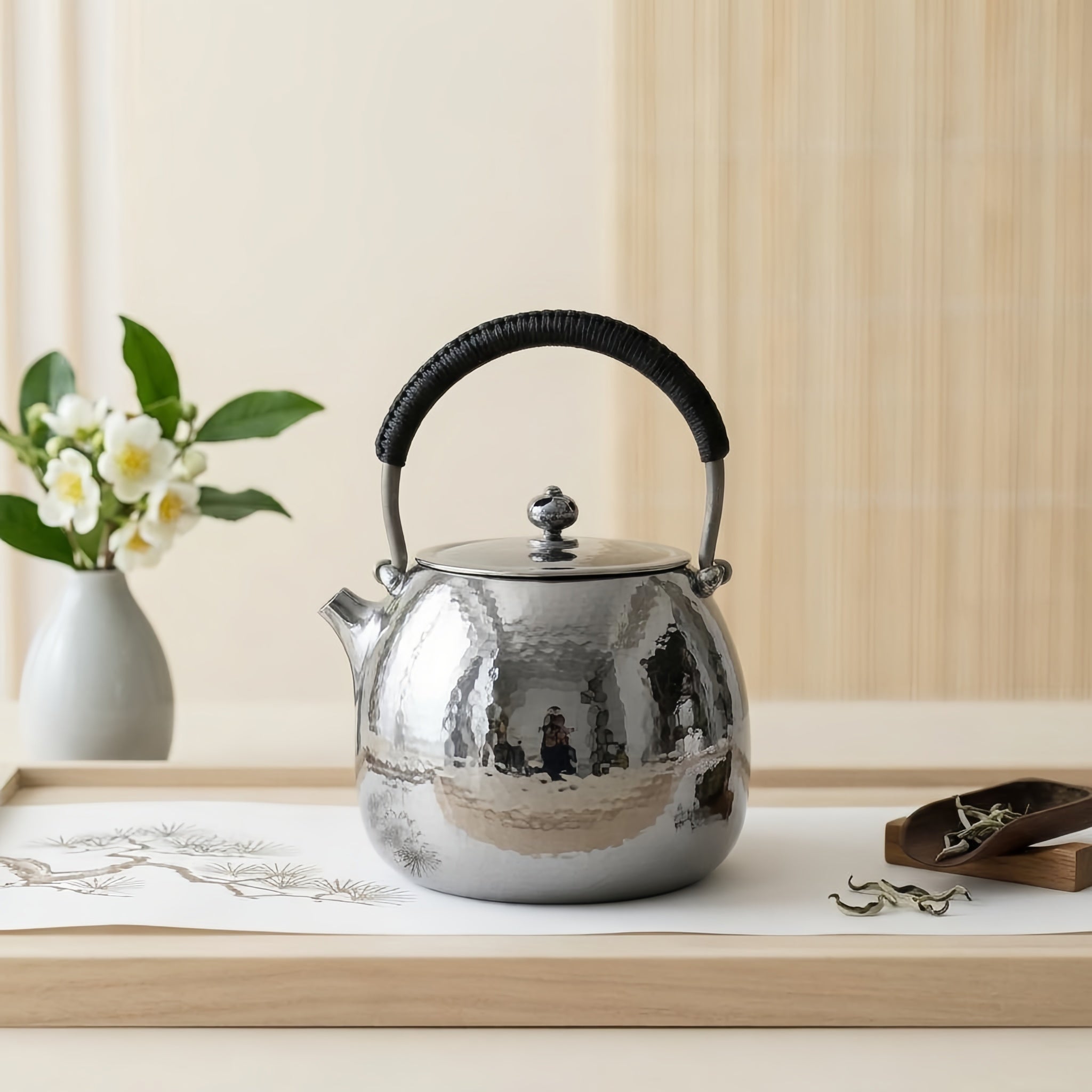 Pure 999 Fine Silver Elegant Hand-Hammered Polished Silver Teapot with Traditional Woven Handle - Handicraft Vera Lux