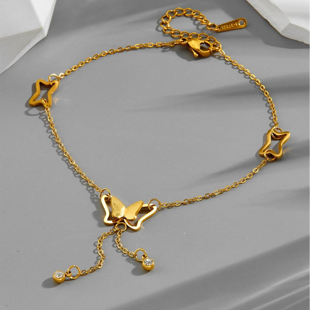 Rose gold trendy titanium steel butterfly tassel bare anklet Vera Lux