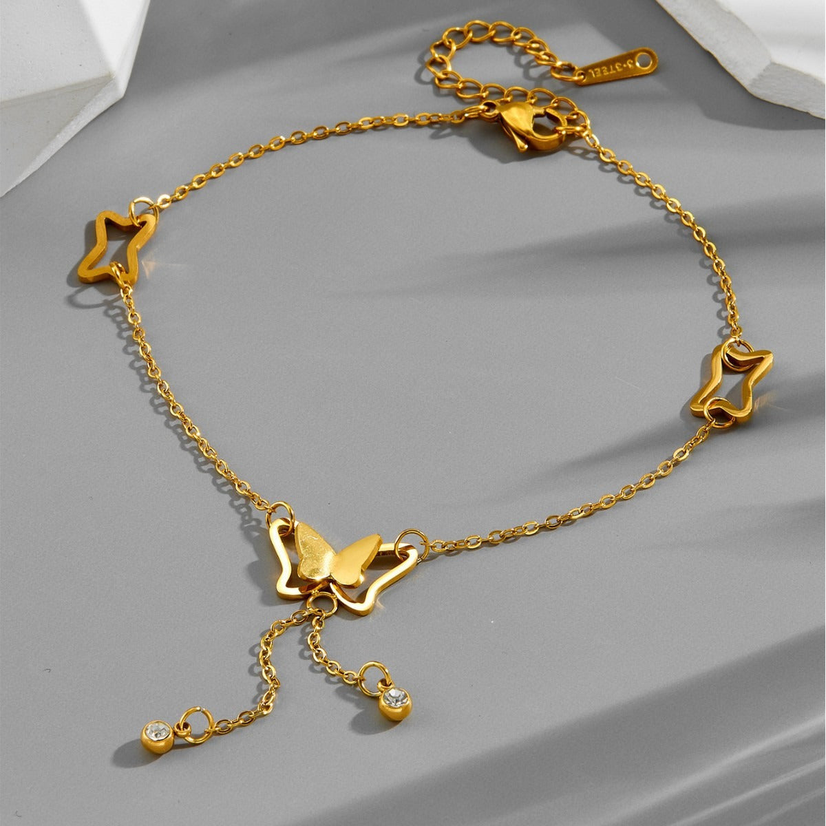Rose gold trendy titanium steel butterfly tassel bare anklet Vera Lux