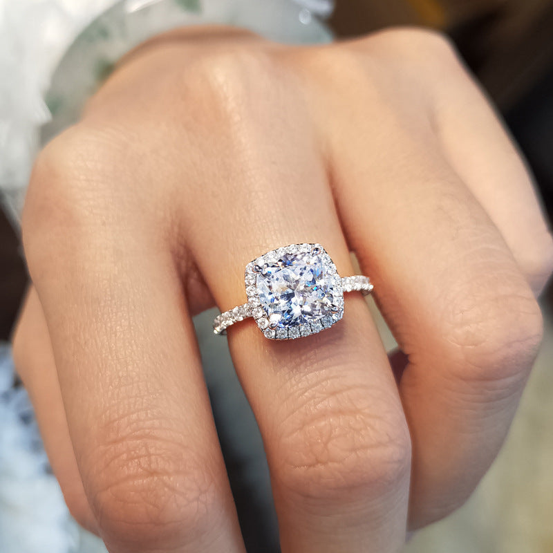 Japanese Style Luxury Square Simulated Diamond Ring, Silver Plated S925 Band Vera Lux