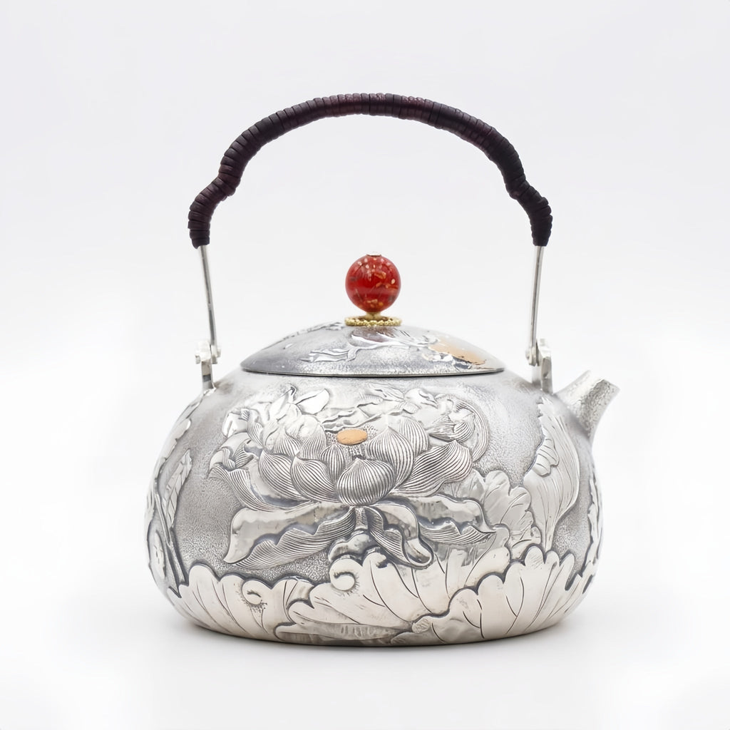 Pure 999 Fine Silver Exquisite Hand-Engraved Silver Teapot with Intricate Lotus Relief and Red Finial - Handicraft Vera Lux