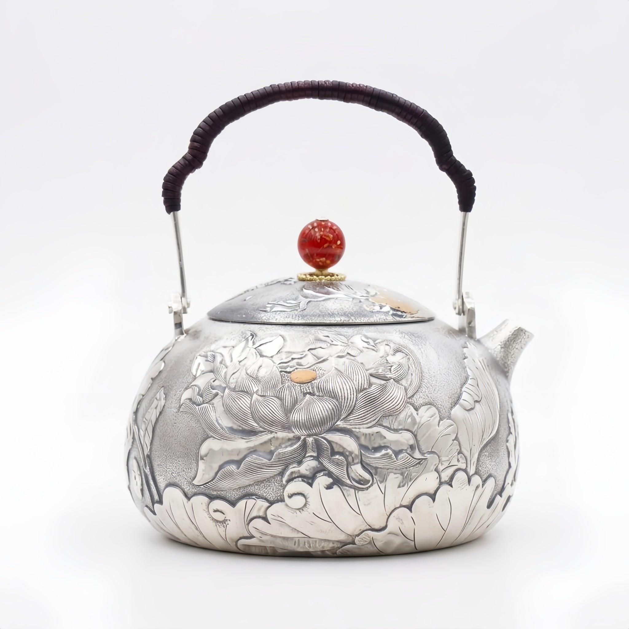 Pure 999 Fine Silver Exquisite Hand-Engraved Silver Teapot with Intricate Lotus Relief and Red Finial - Handicraft Vera Lux