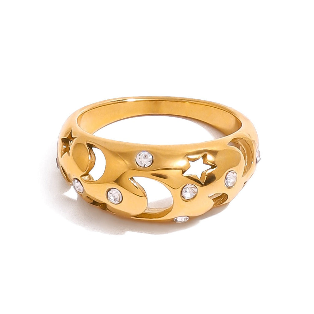 18K gold star and moon hollow with gemstone design exquisite noble ring Vera Lux