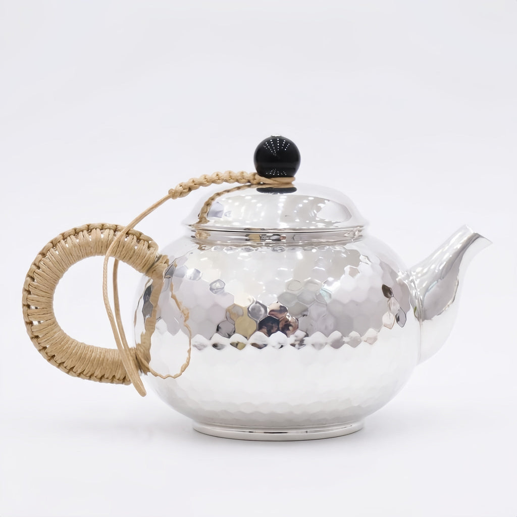 Pure 999 Fine Silver Hammered Silver Teapot with Woven Insulated Handle and Black Finial - Handicraft Vera Lux