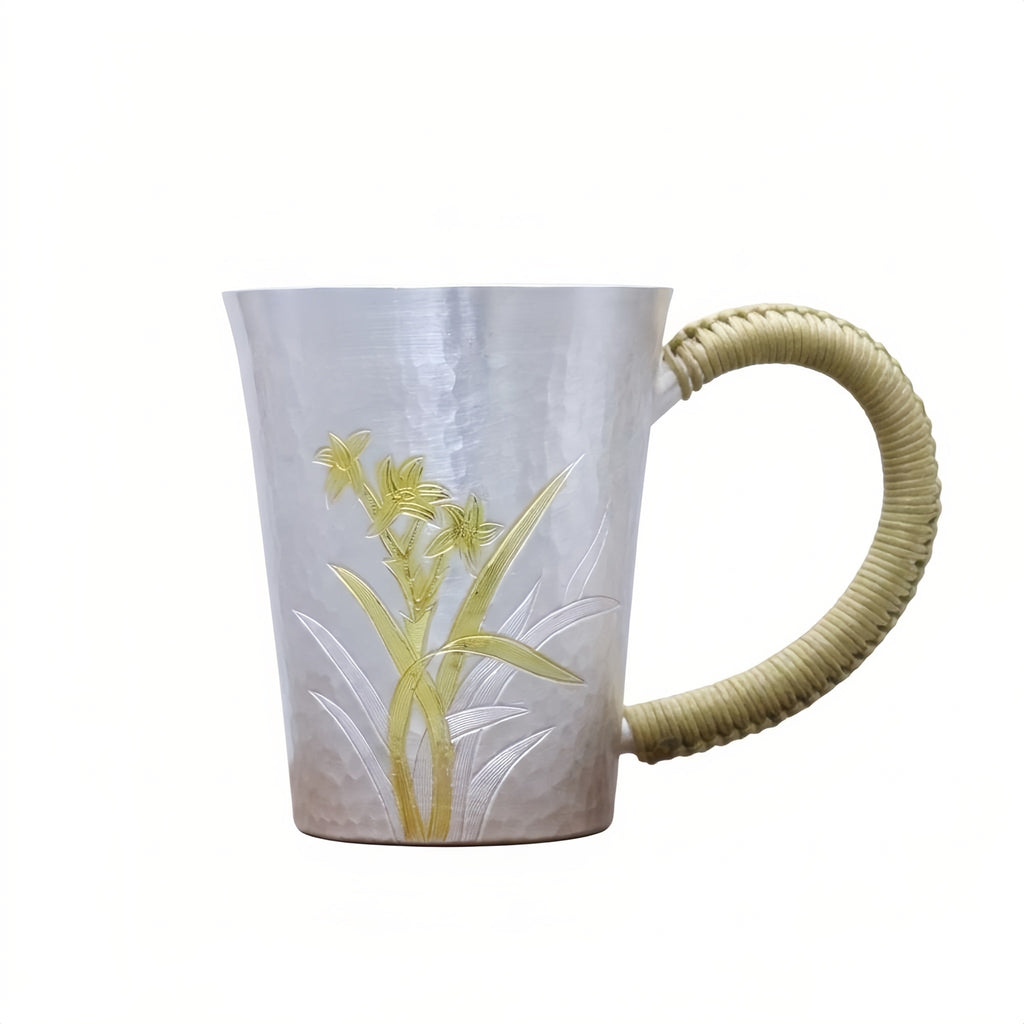 925 Sterling Silver Elegant Hammered Silver Mug with Orchid Engravings and Woven Handle - Handicraft Vera Lux
