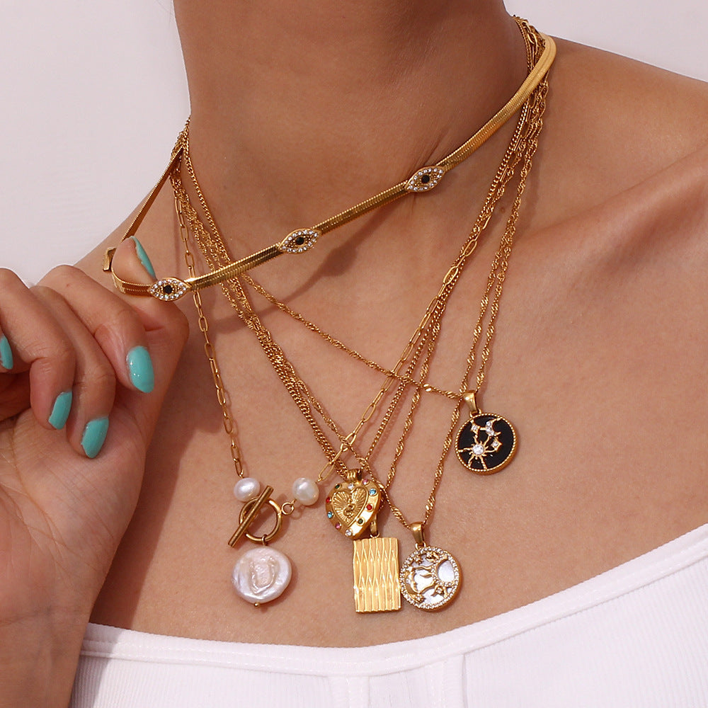 Aura Gold Celestial Moon & Star Disc Necklace | Vintage Titanium Stainless Steel Medallion | Retro Sun & Moon Crystal Charm Jewelry FLIPSTYLEZLLC