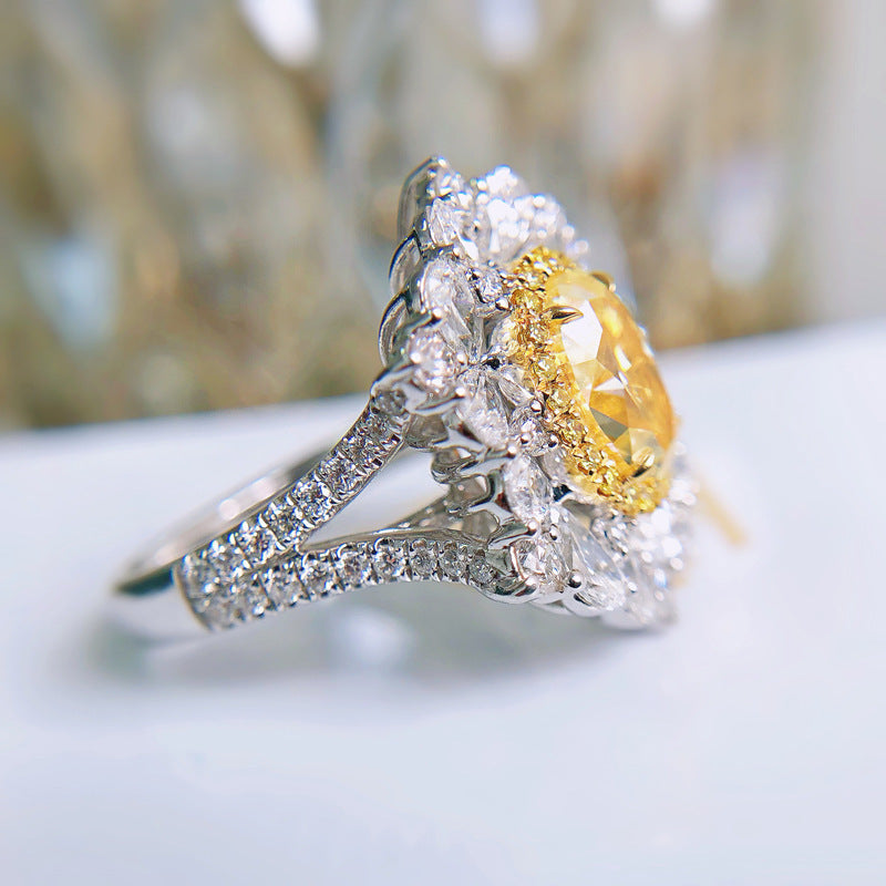 New Design Large Carat Simulated Diamond Ring, Heavy Set Synthetic Ascher Cut Yellow Diamond Gemstone Jewelry For Women Vera Lux