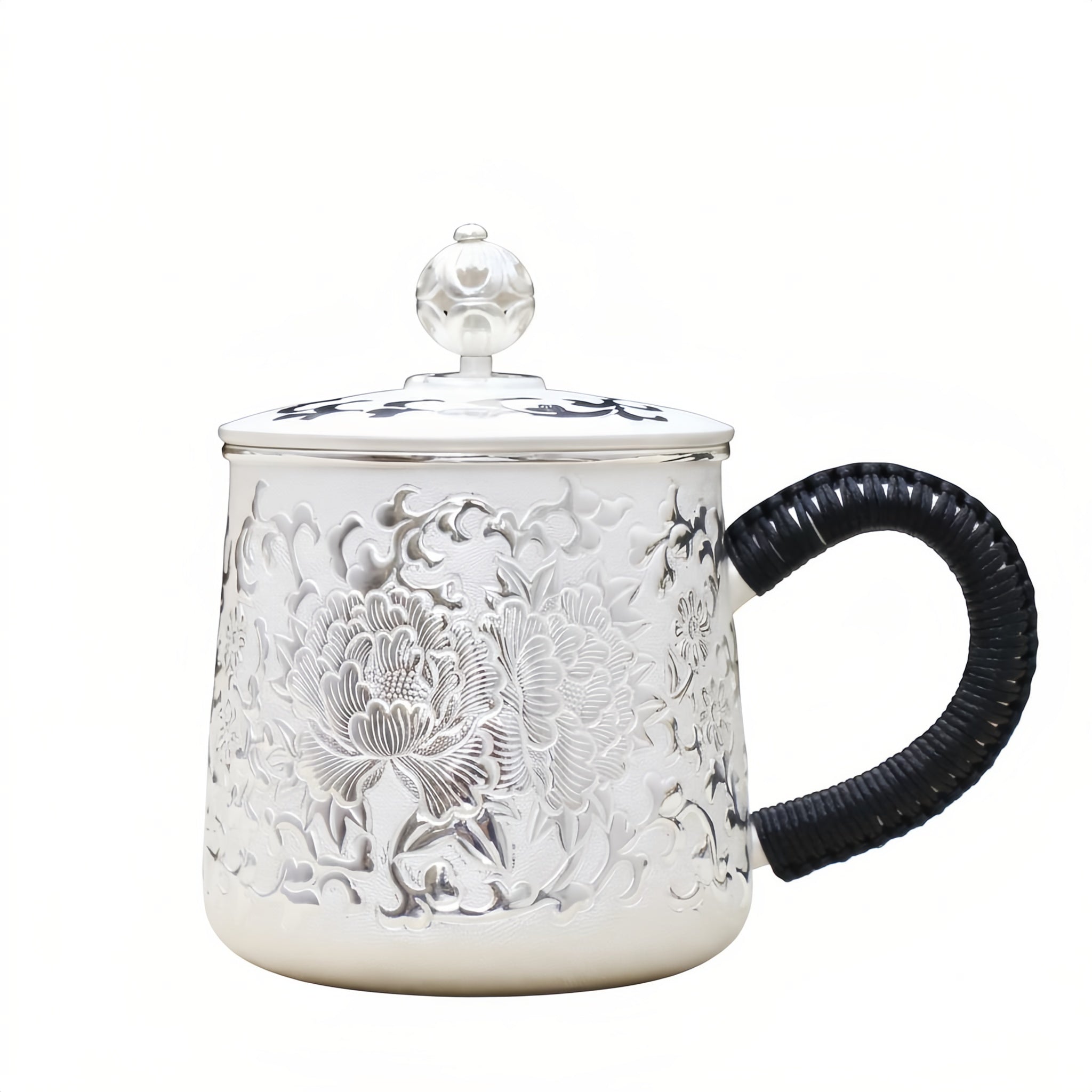 Pure 999 Fine Silver Ornate Silver Floral Porcelain Mug with Decorative Lid and Handcrafted Wrapped Handle - Handicraft Vera Lux