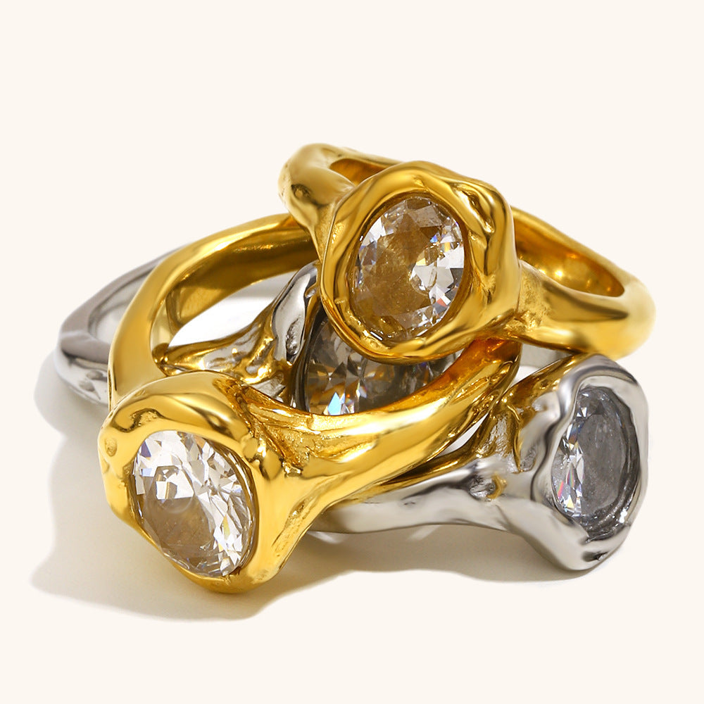 Stainless Steel 18K Gold-Plated Holed Dove-Egg Zircon Ring For Women  Lite Luxury Vera Lux