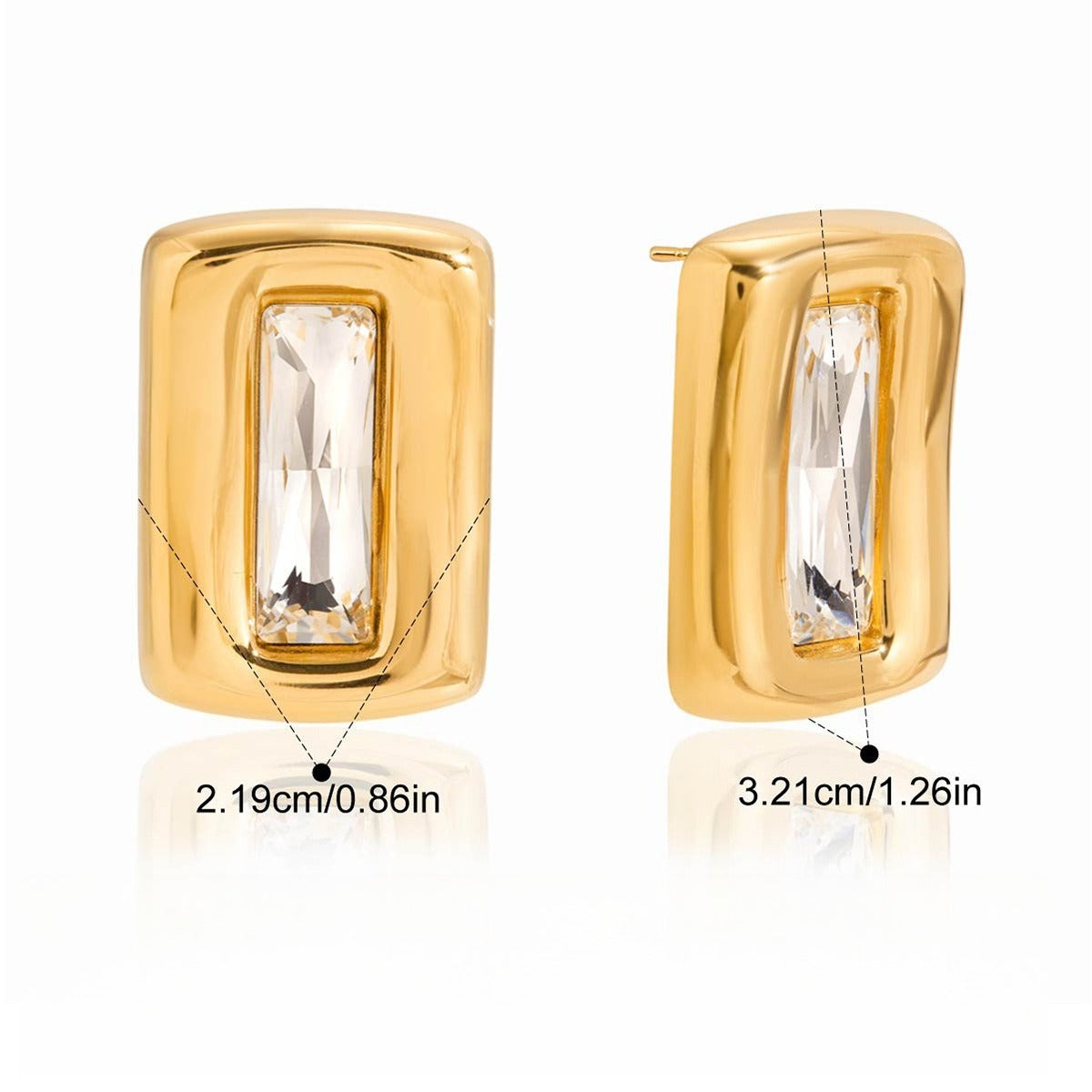 Square 18K gold-plated titanium steel stud earrings with embedded cubic zirconia. Vera Lux