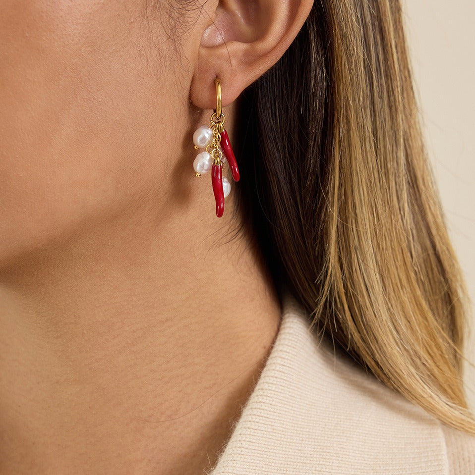 18K gold lightweight luxury and high-end chili pepper and pearl earrings Vera Lux