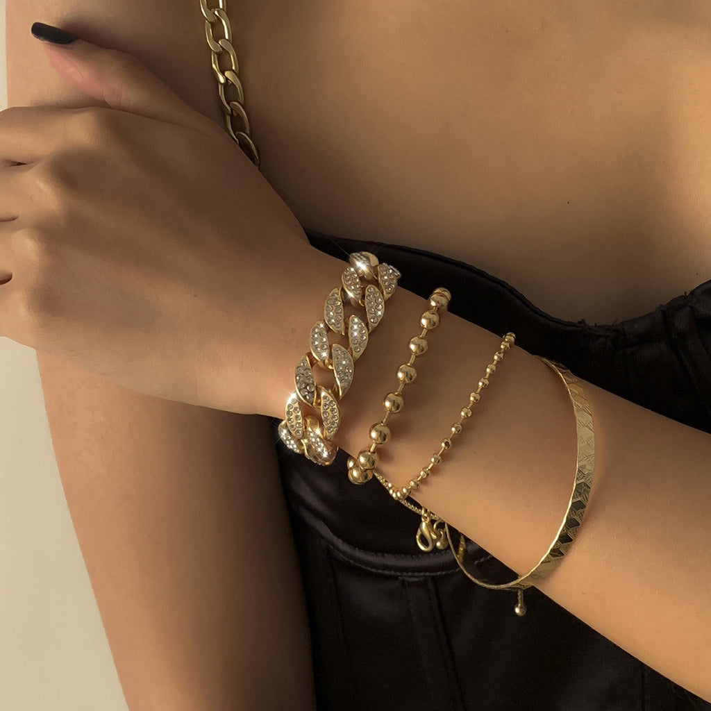 Diamond-studded Cuban buckle bracelet Hip-hop personalized round bead chain pattern bracelet set Vera Lux