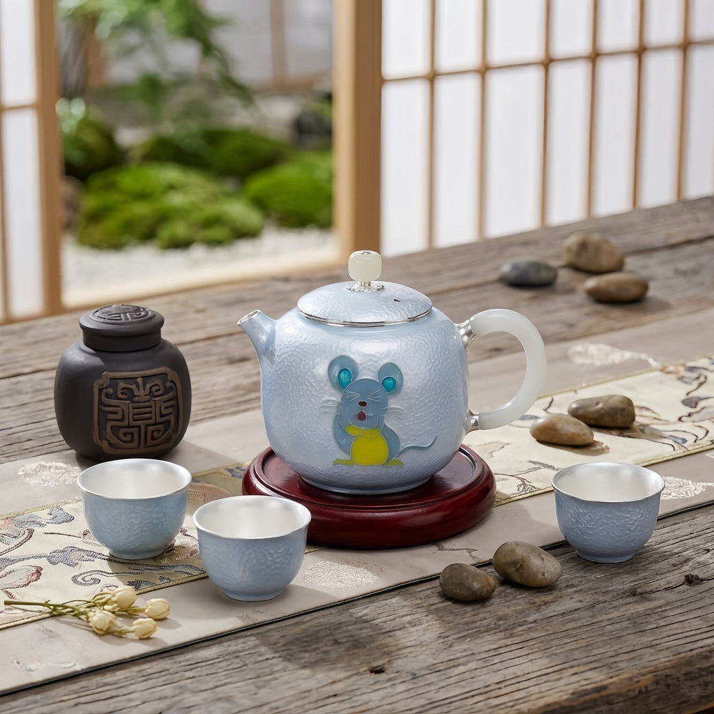 Pure 999 Fine Silver Artistic Blue Enamel Silver Teapot with Playful Mouse Motif and Jade Accents - Handicraft Vera Lux