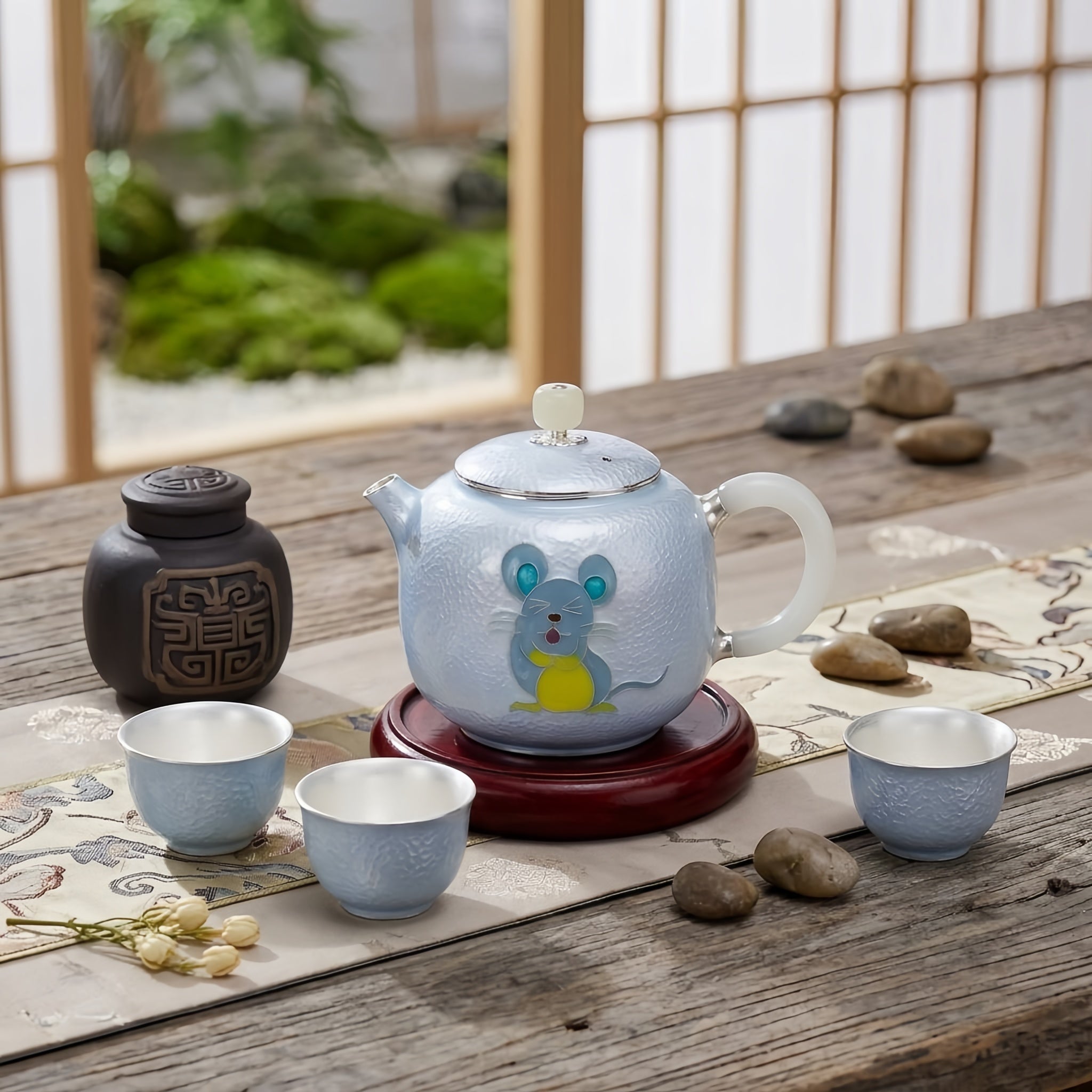 Pure 999 Fine Silver Artistic Blue Enamel Silver Teapot with Playful Mouse Motif and Jade Accents - Handicraft Vera Lux