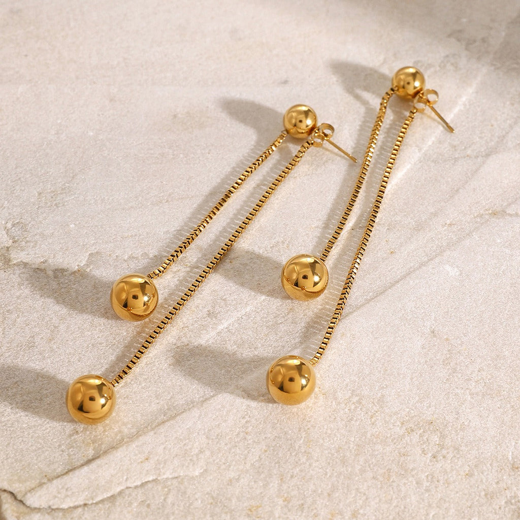18K gold noble round beads with tassel design light luxury style earrings Vera Lux