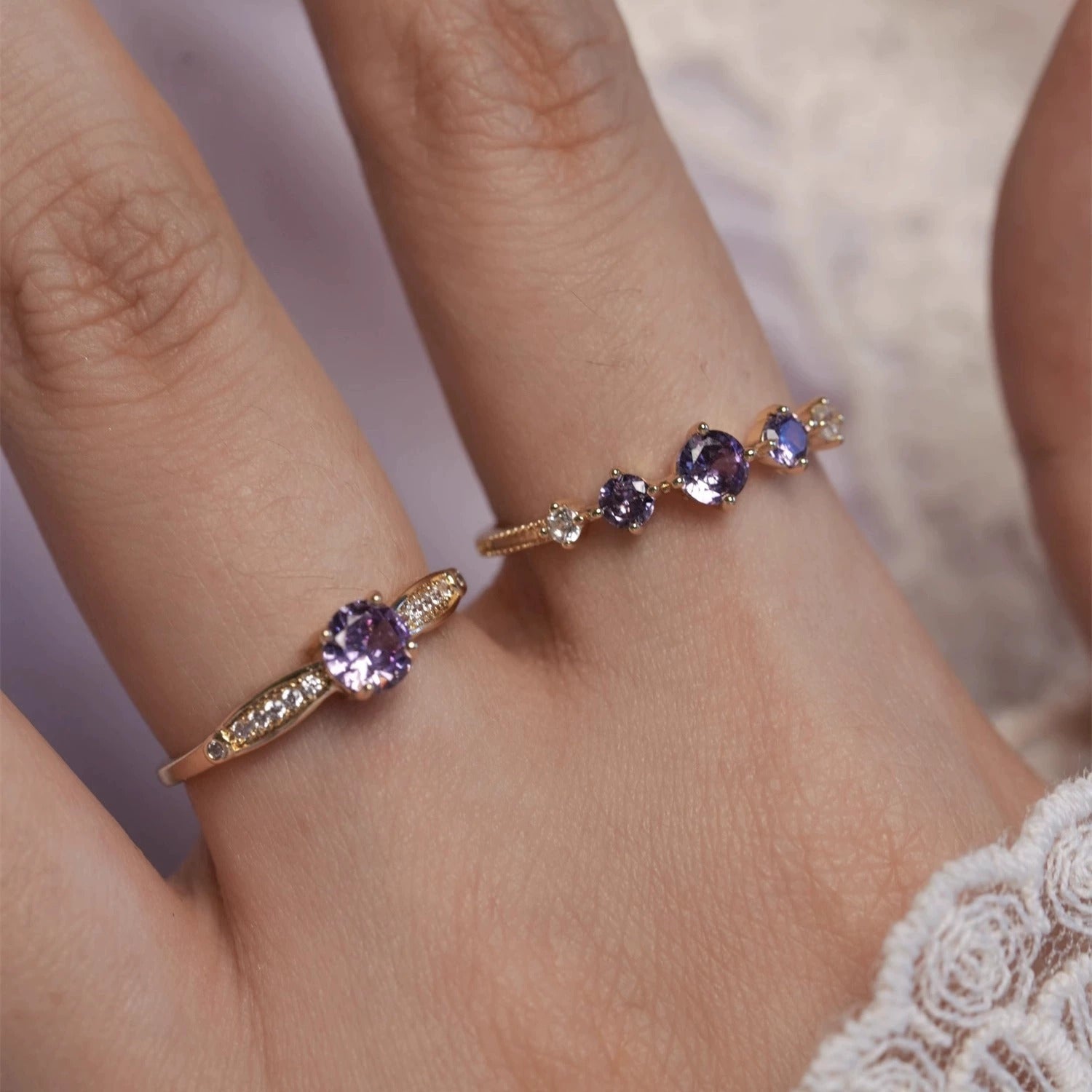 French Retro High-End Gentle Light Luxury Micro-Set Sparkling Purple Zircon Open Ring Vera Lux