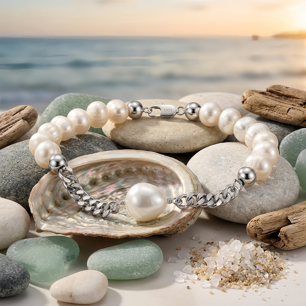 925 Sterling Silver Elegant Pearl and Sterling  Chain Bracelet with Teardrop Accent Vera Lux