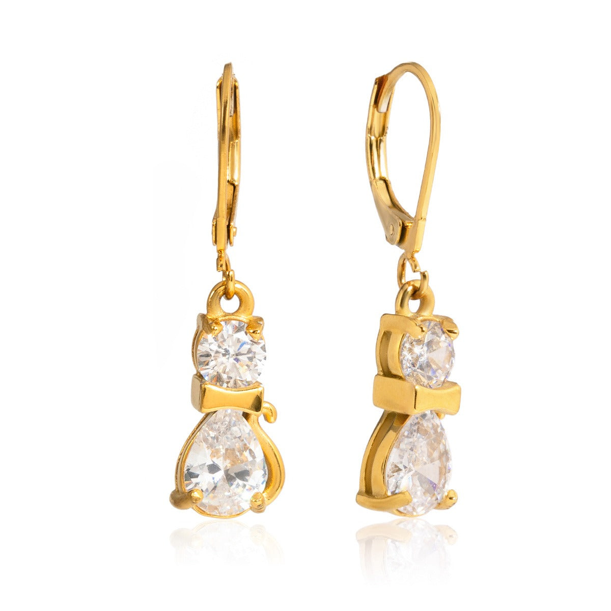 18K gold plated, lightweight and luxurious cat-shaped earrings with zircon stones. Vera Lux