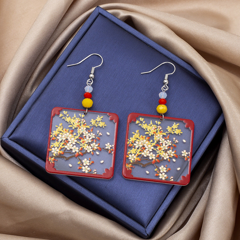 Designer Geometric Square Womens Branch And Flower Transparent Acrylic Earrings Vera Lux