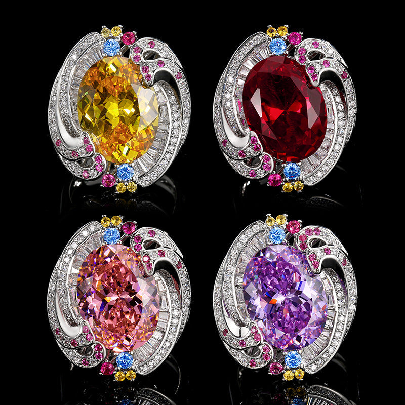 Exquisite Swirl Design Purple Amethyst Ring, Rainbow Gemstone Encrusted Cocktail Ring For Women Vera Lux