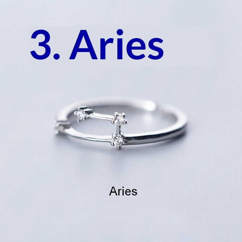 Zircon Silver-Plated Twelve Zodiac Signs Adjustable Open Ring Vera Lux
