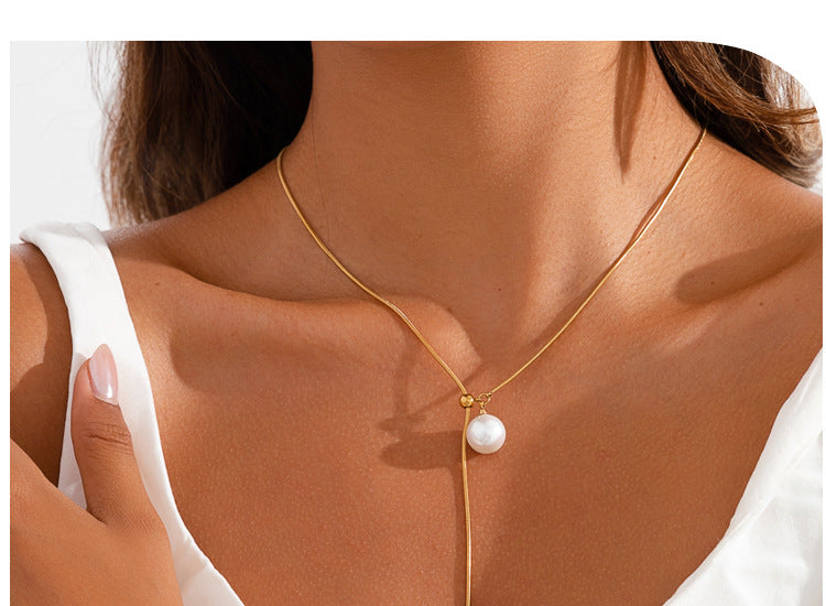 Pearl Snake Bone Chain Adjustable Sweater Chain Women's Luxury High-End Style Fall Winter Versatile Stainless Steel Necklace Vera Lux